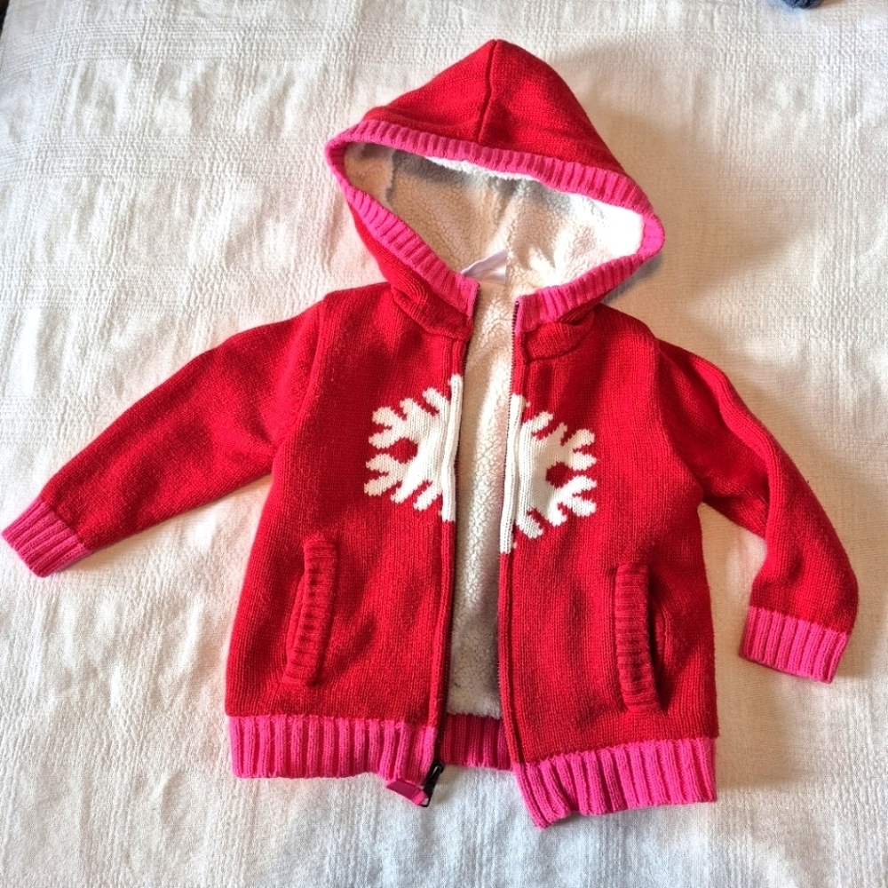 Hanna Andersson girls 80 18-24 months red knit sherpa line hooded sweater GUC